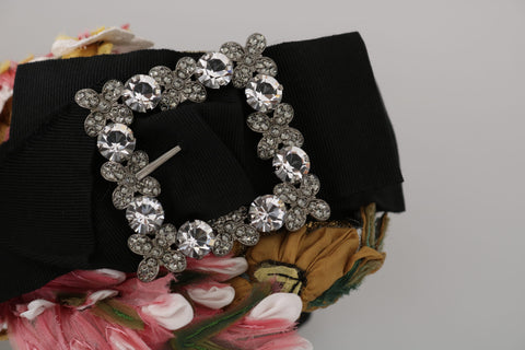 Multicolor floral crystal bow diadem headband by Dolce & Gabbana featuring a decorative tiara with vibrant flowers and sparkling crystals.