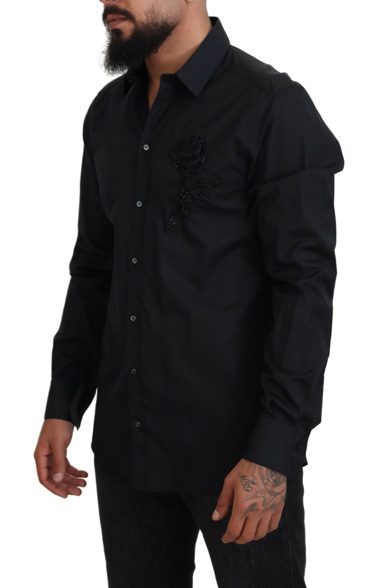 Black roses slim fit cotton shirt by Dolce & Gabbana, featuring floral pattern and tailored design for a stylish look.