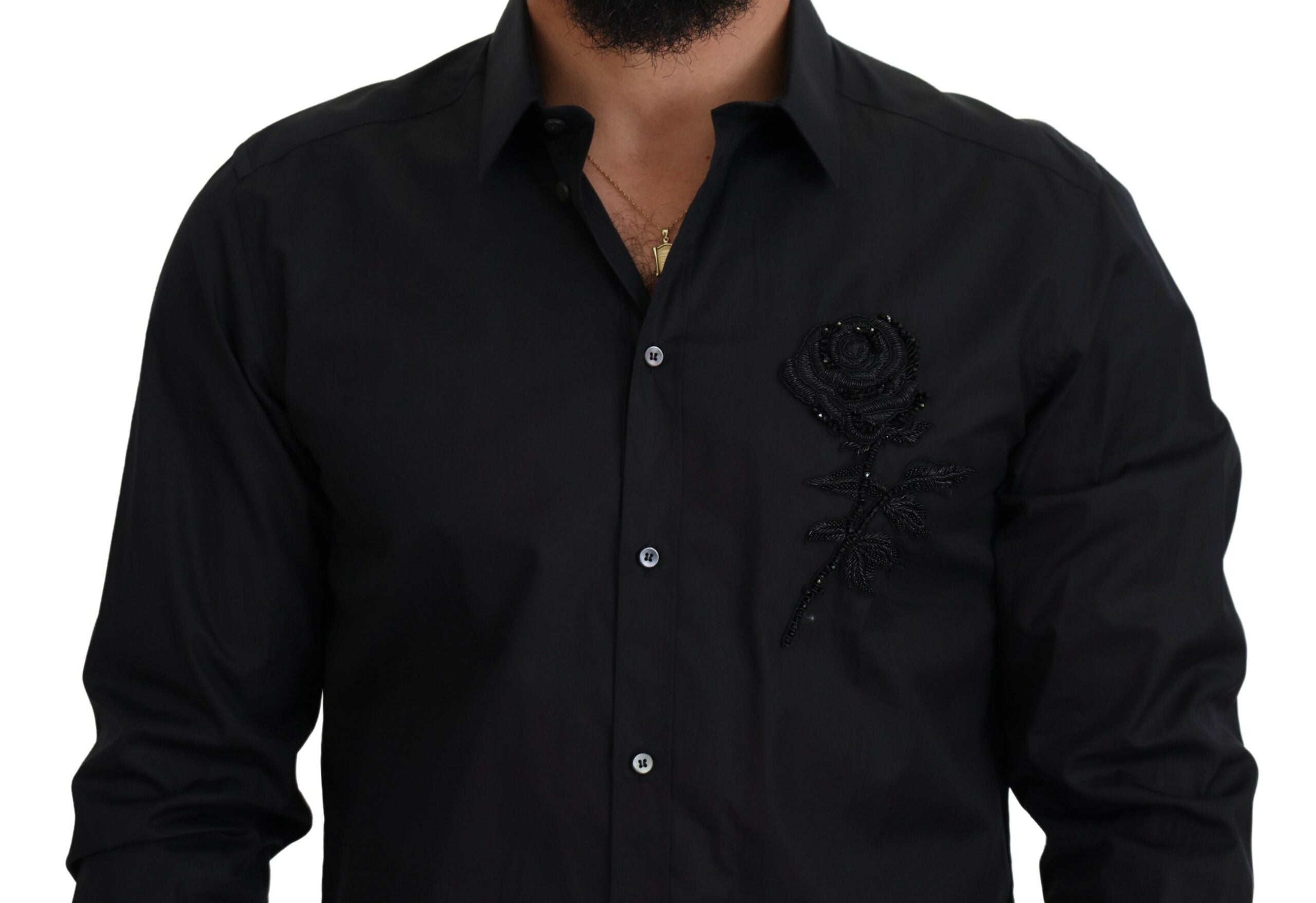 Black roses slim fit cotton shirt by Dolce & Gabbana, featuring floral print and tailored design for a stylish look.