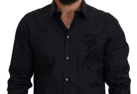 Black roses slim fit cotton shirt by Dolce & Gabbana, featuring floral print and tailored design for a stylish look.