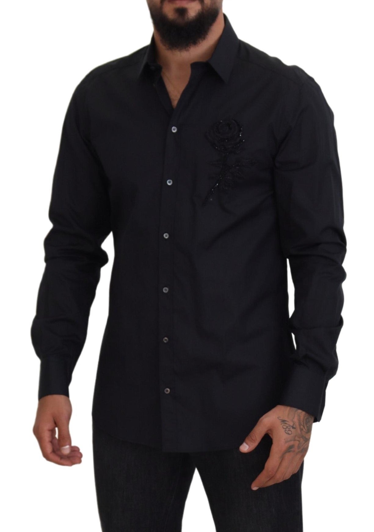 Black roses slim fit cotton shirt by Dolce & Gabbana, featuring a sleek design with floral pattern and tailored fit.