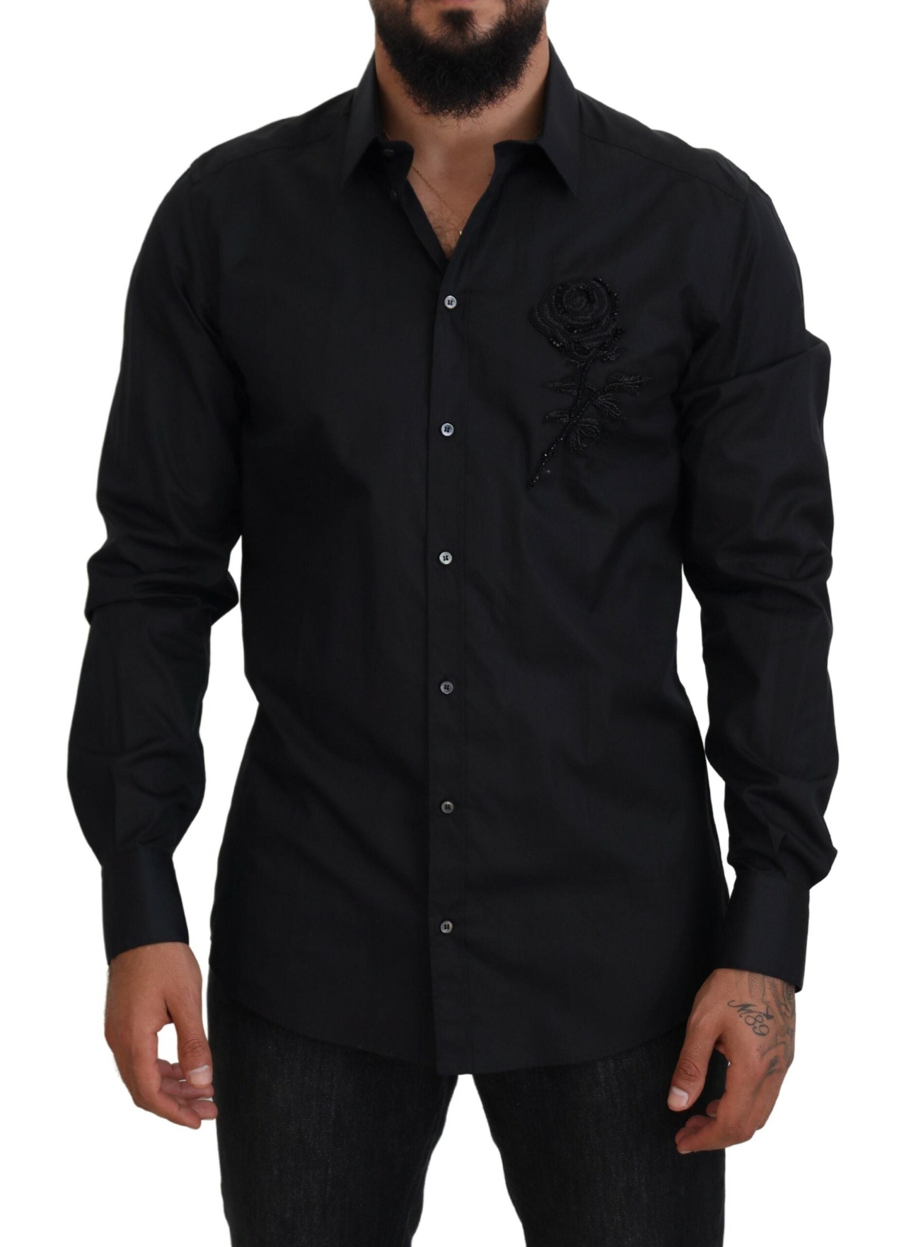 Black roses slim fit cotton shirt by Dolce & Gabbana, featuring a floral design and tailored silhouette.