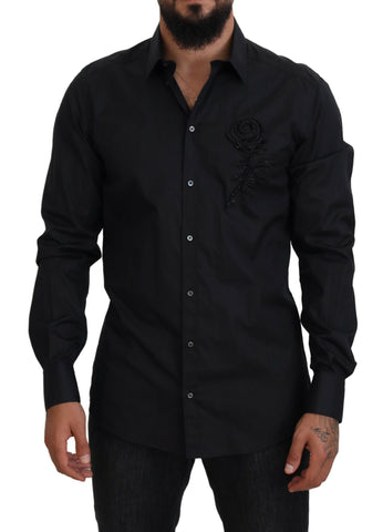 Black roses slim fit cotton shirt by Dolce & Gabbana, featuring a floral design and tailored silhouette.