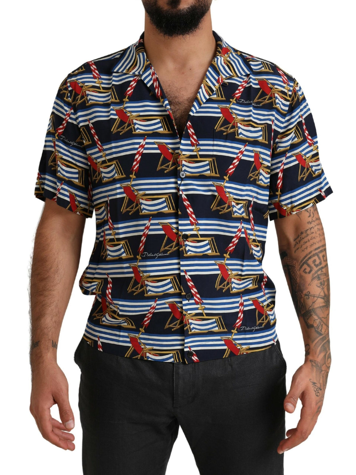 Multicolor beach chair short sleeves shirt by Dolce & Gabbana, featuring vibrant print and casual summer style.