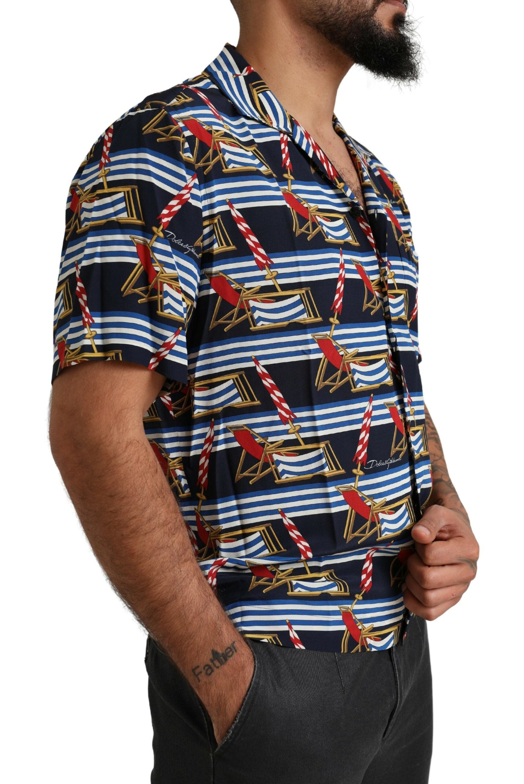 Multicolor beach chair print short sleeves shirt by Dolce & Gabbana, featuring vibrant pattern and casual summer style.