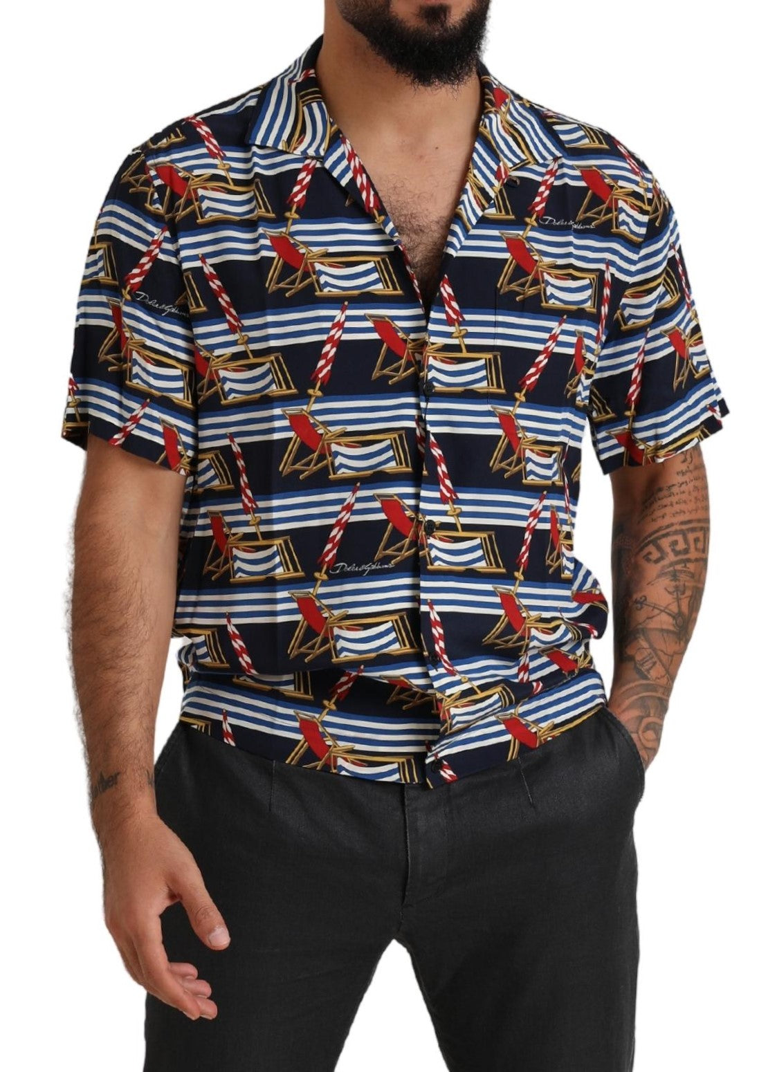 Multicolor beach chair short sleeves shirt by Dolce & Gabbana featuring vibrant patterns and casual summer style.