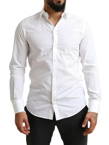 White Dolce & Gabbana MARTINI Cotton Dress Formal Shirt displayed on a hanger with a classic collar and button-down front.