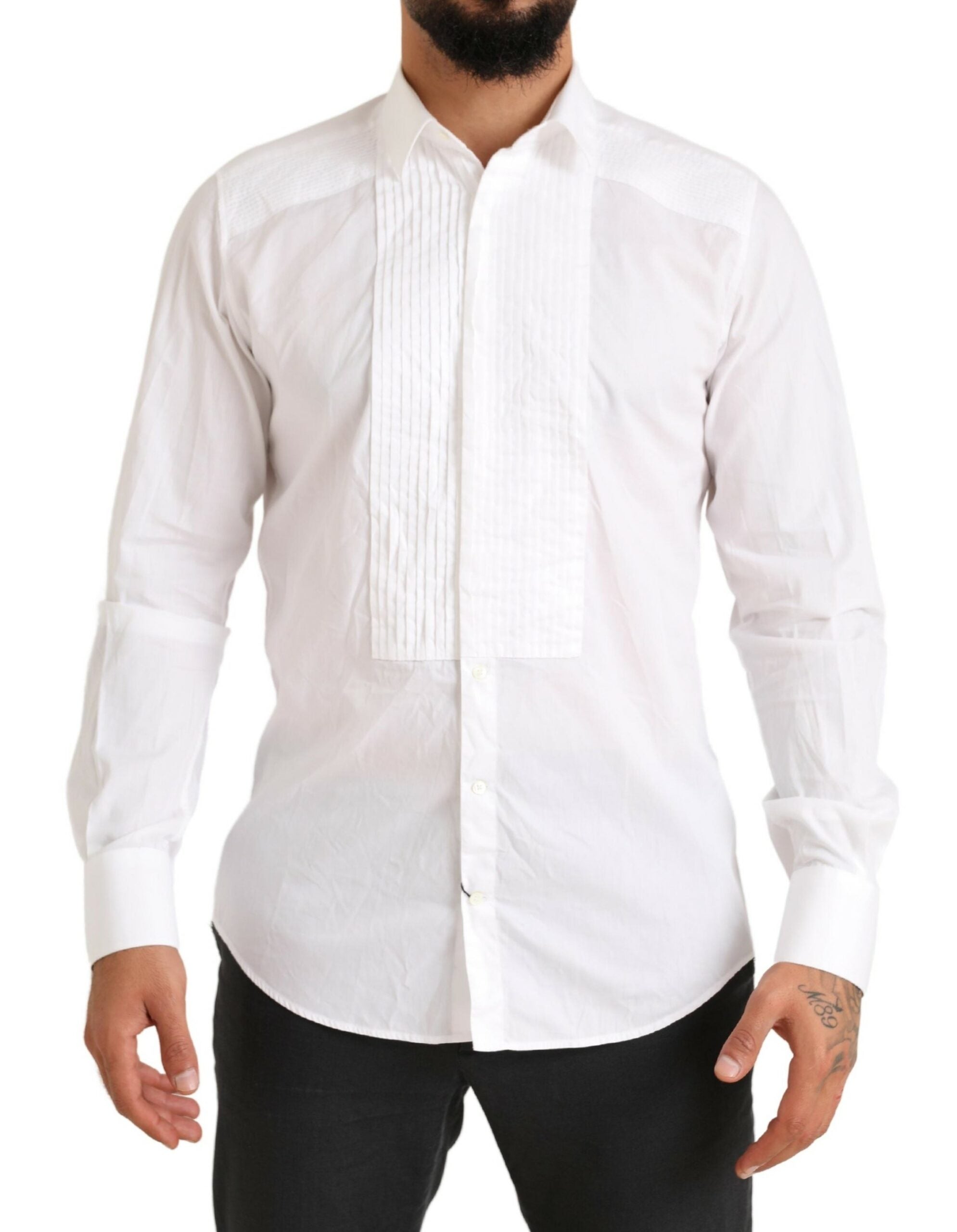 White gold cotton tuxedo dress shirt by Dolce & Gabbana, formal men's shirt with a crisp collar and elegant design.