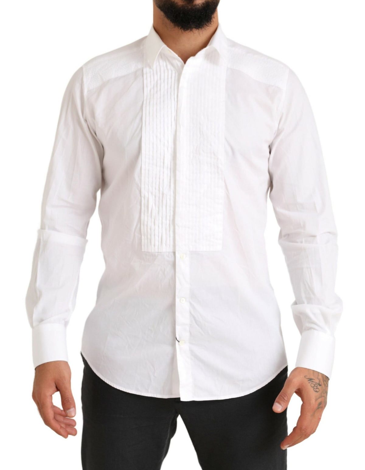 White gold cotton tuxedo dress shirt by Dolce & Gabbana, formal men's shirt with a crisp collar and elegant design.