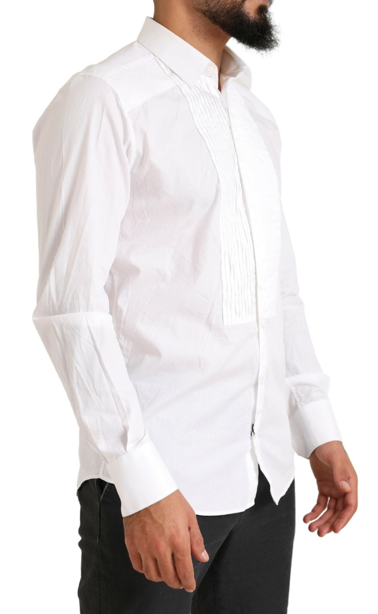 White gold formal cotton tuxedo dress shirt by Dolce & Gabbana, featuring a classic collar and elegant tailoring.