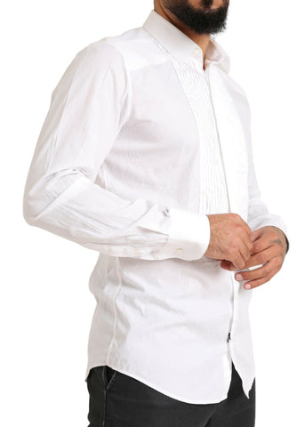 White gold formal cotton tuxedo dress shirt by Dolce & Gabbana, featuring a classic collar and sleek tailored fit.