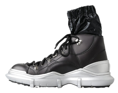 Dolce & Gabbana black nylon Galileo high top sneakers showing sleek design and lace-up style on a plain background.