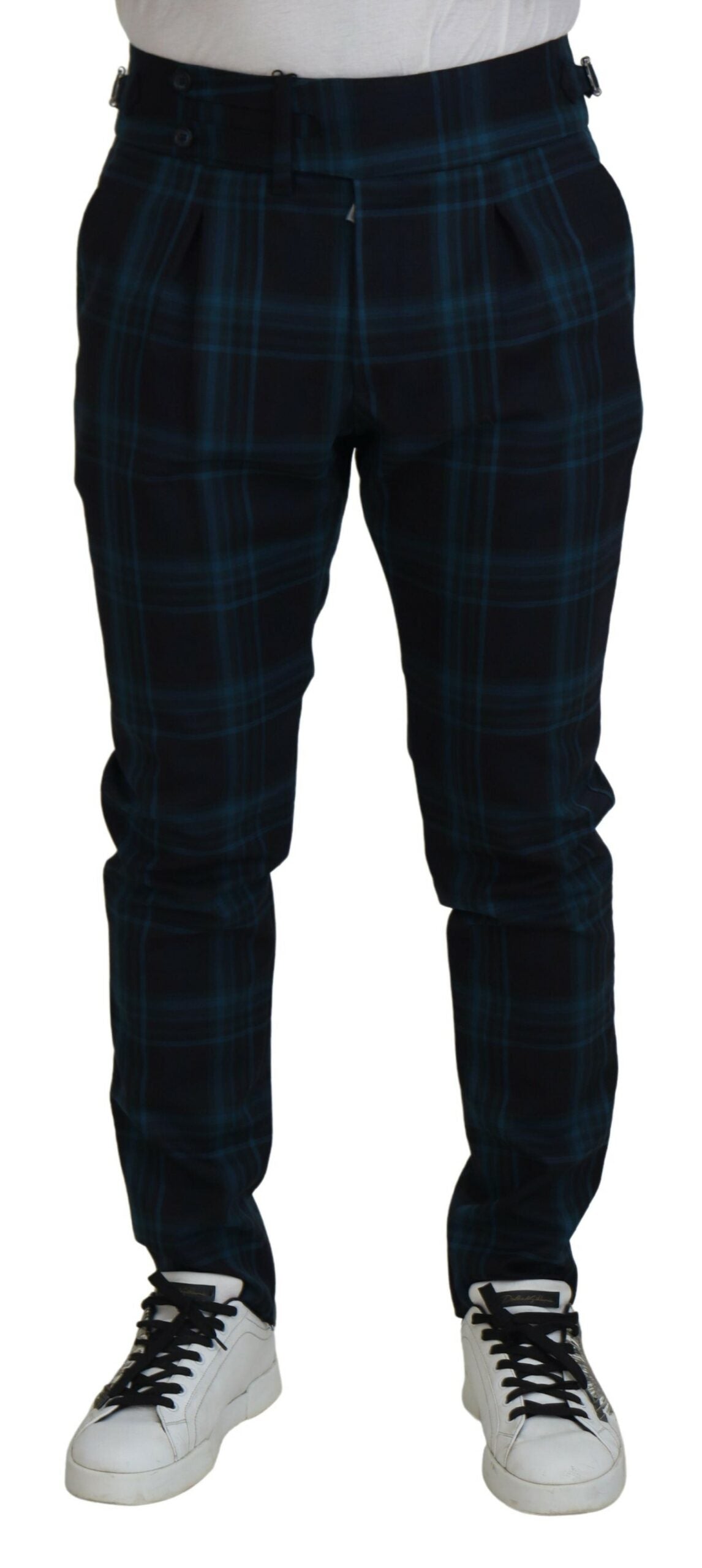 Blue and purple plaid wool trousers by Dolce & Gabbana, tailored fit with classic pattern and stylish design.