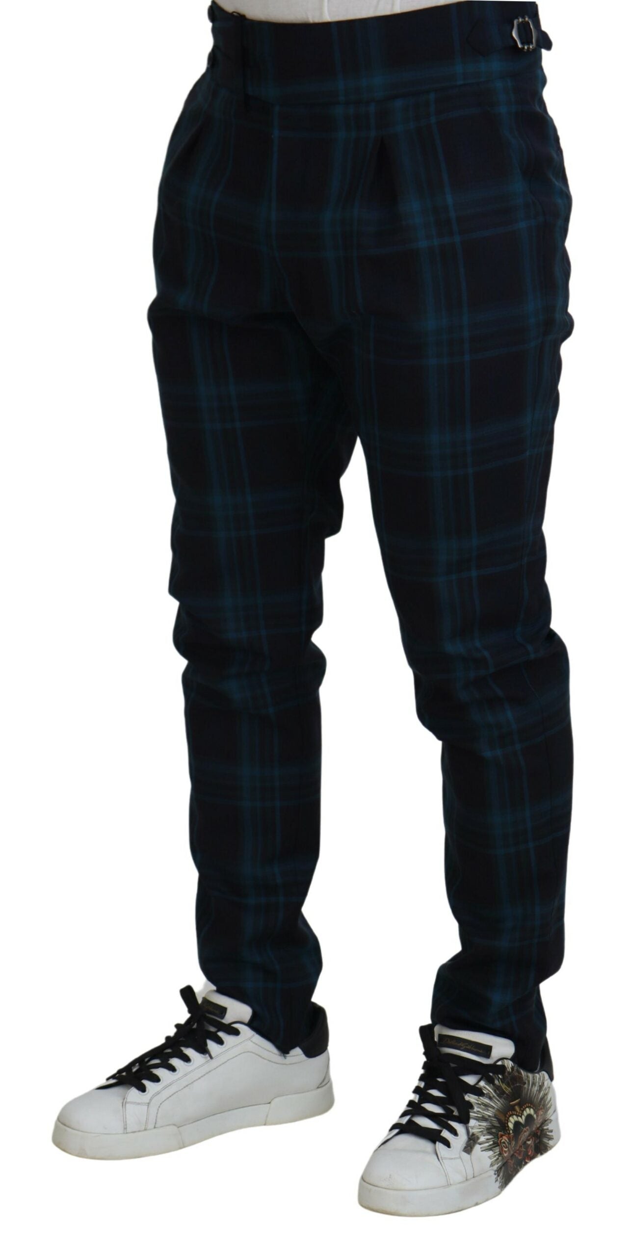 Blue and purple plaid wool trousers by Dolce & Gabbana, tailored fit with classic pattern and stylish design.