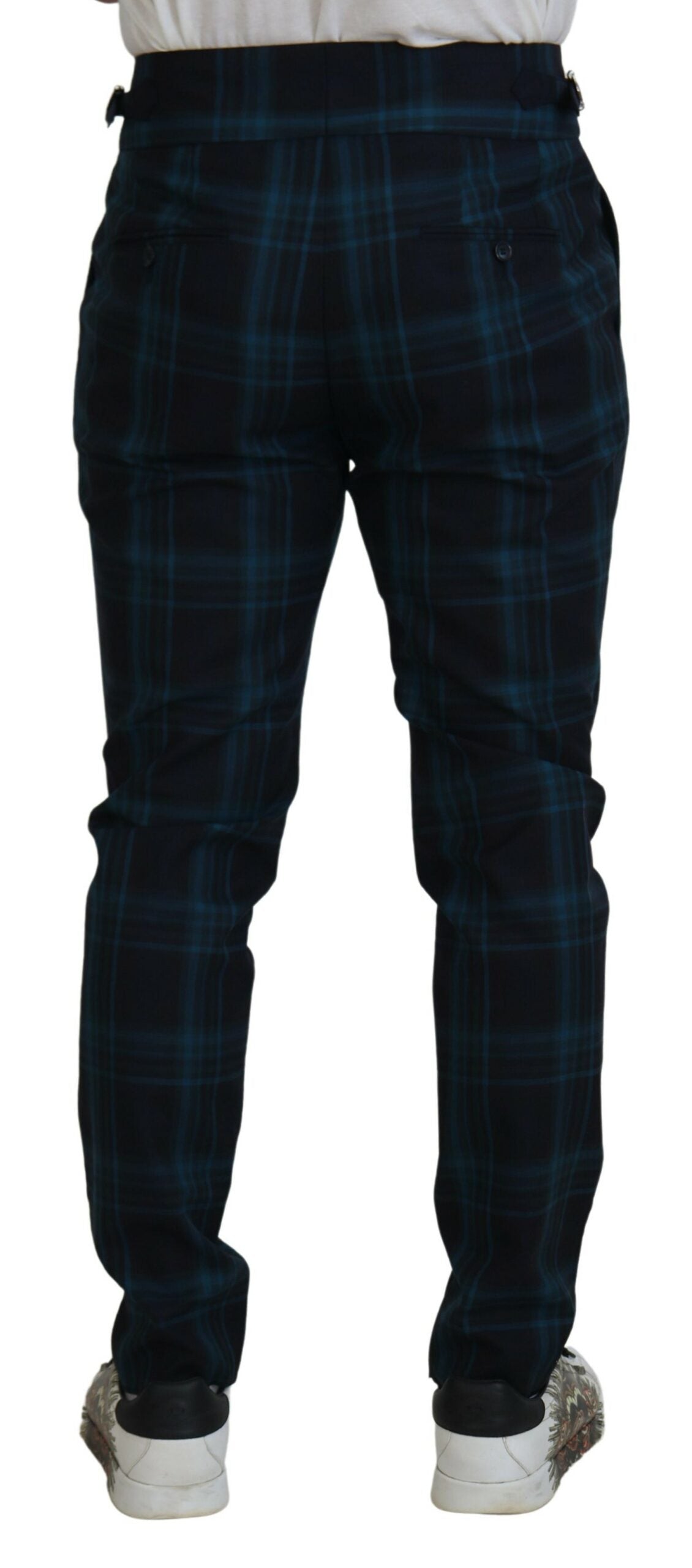 Blue and purple plaid wool trousers from Dolce & Gabbana, tailored pants with a classic plaid pattern and slim fit design.