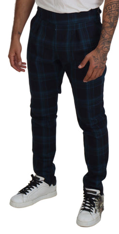 Blue and purple plaid wool trousers by Dolce & Gabbana, tailored fit with front pockets and belt loops.