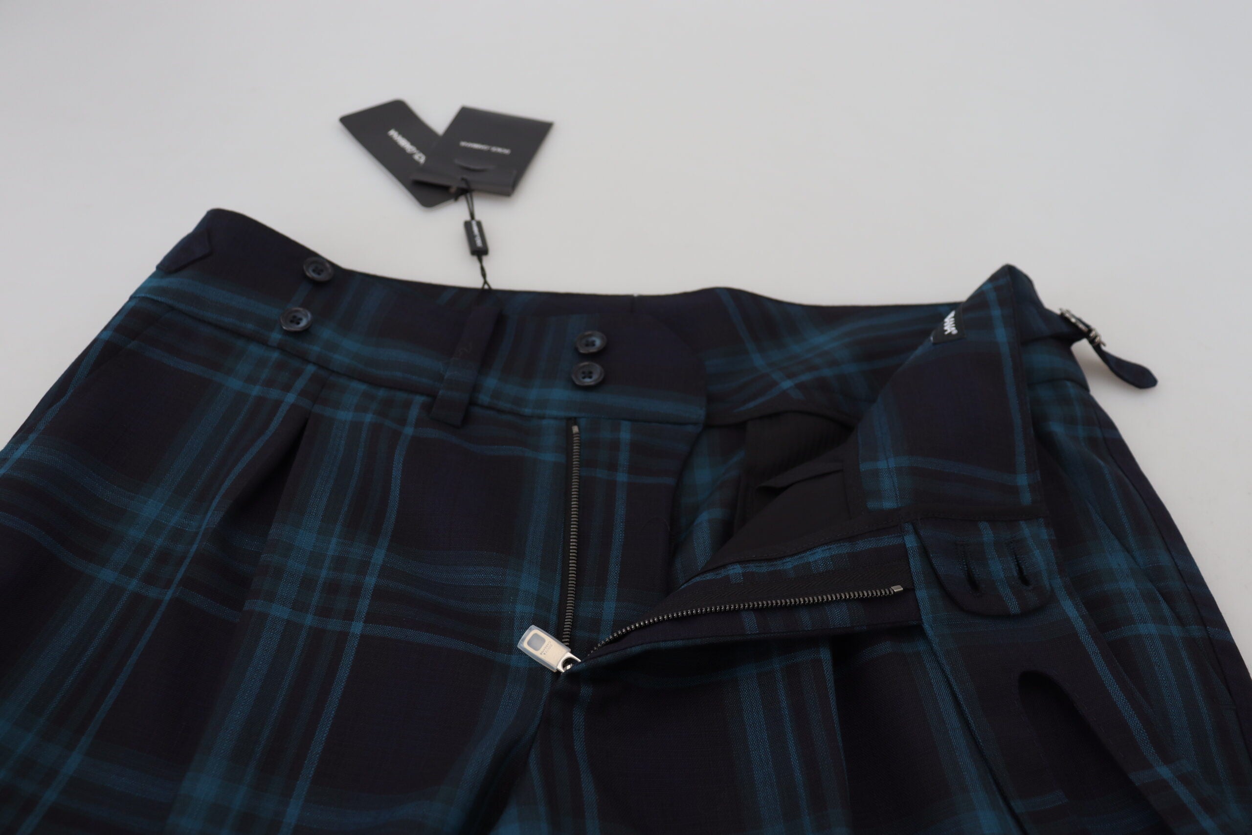 Blue and purple plaid wool trousers from Dolce & Gabbana, tailored fit with classic pattern and soft fabric.
