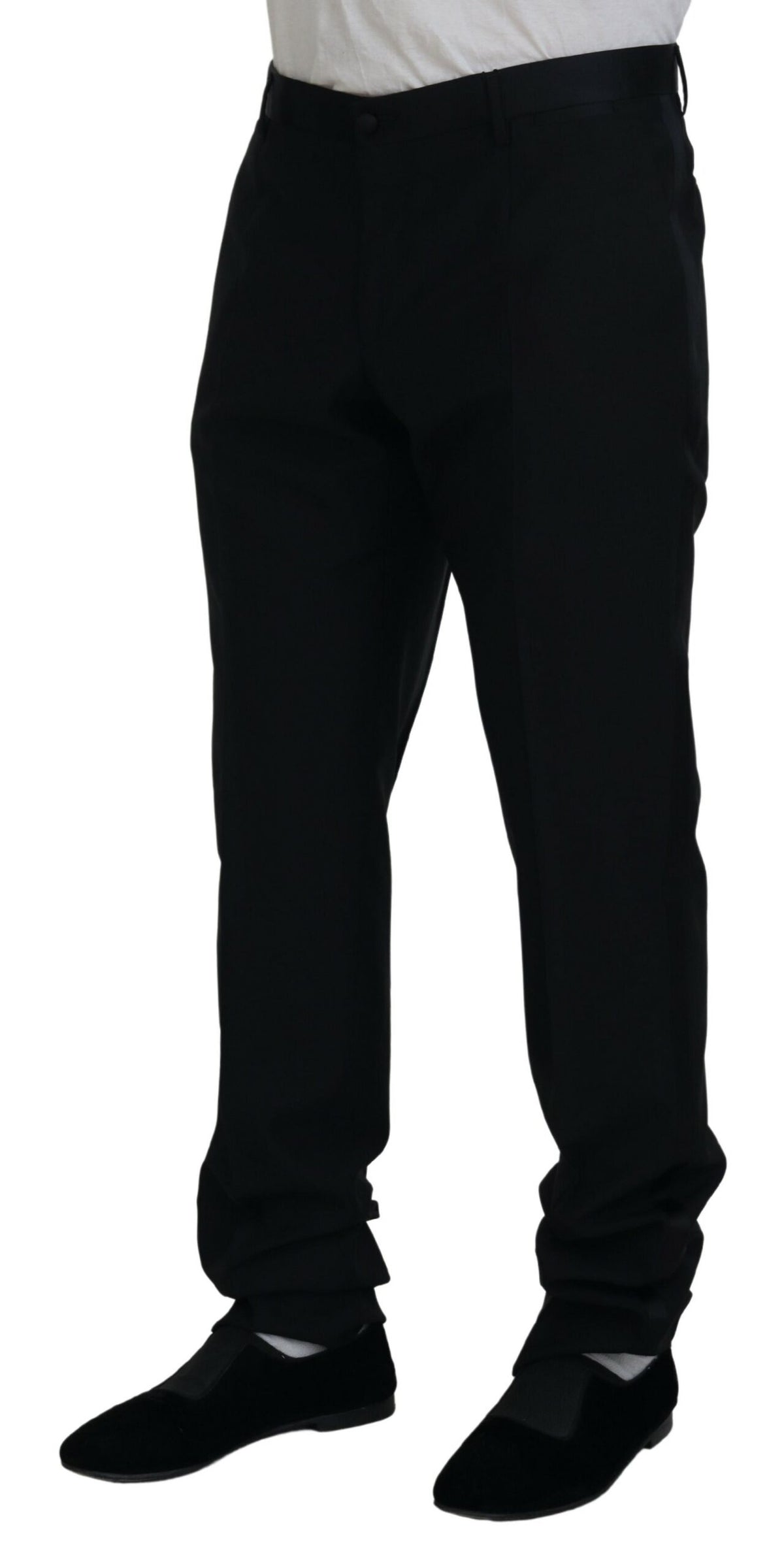 Black wool silk trouser pants by Dolce & Gabbana, tailored fit with sleek design, shown on a neutral background.