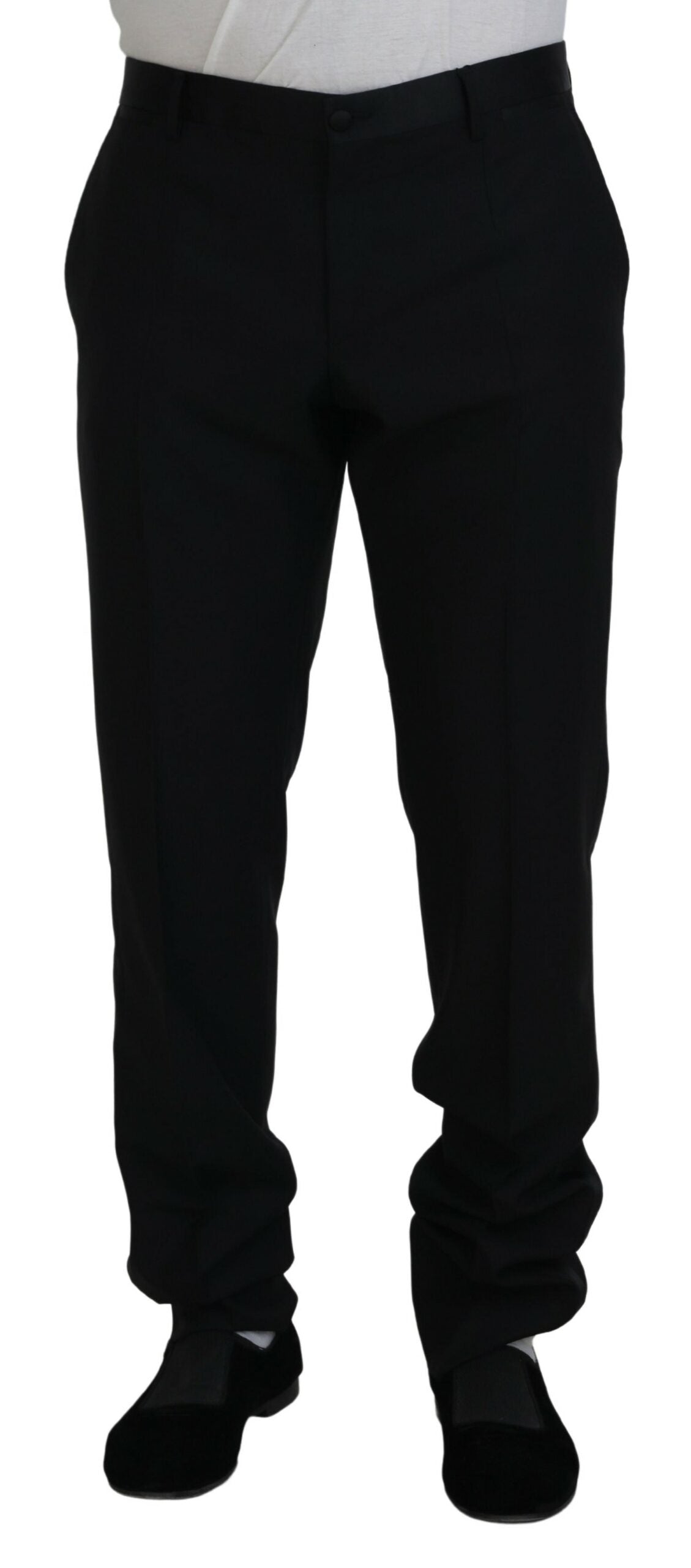 Black wool silk trouser pants by Dolce & Gabbana, tailored fit with sleek fabric and classic design for elegant style.