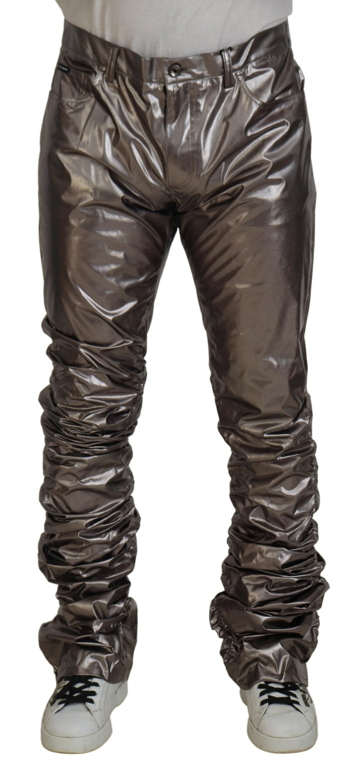 Silver metallic nylon stretch pants by Dolce & Gabbana, sleek fitted design with shiny metallic finish.