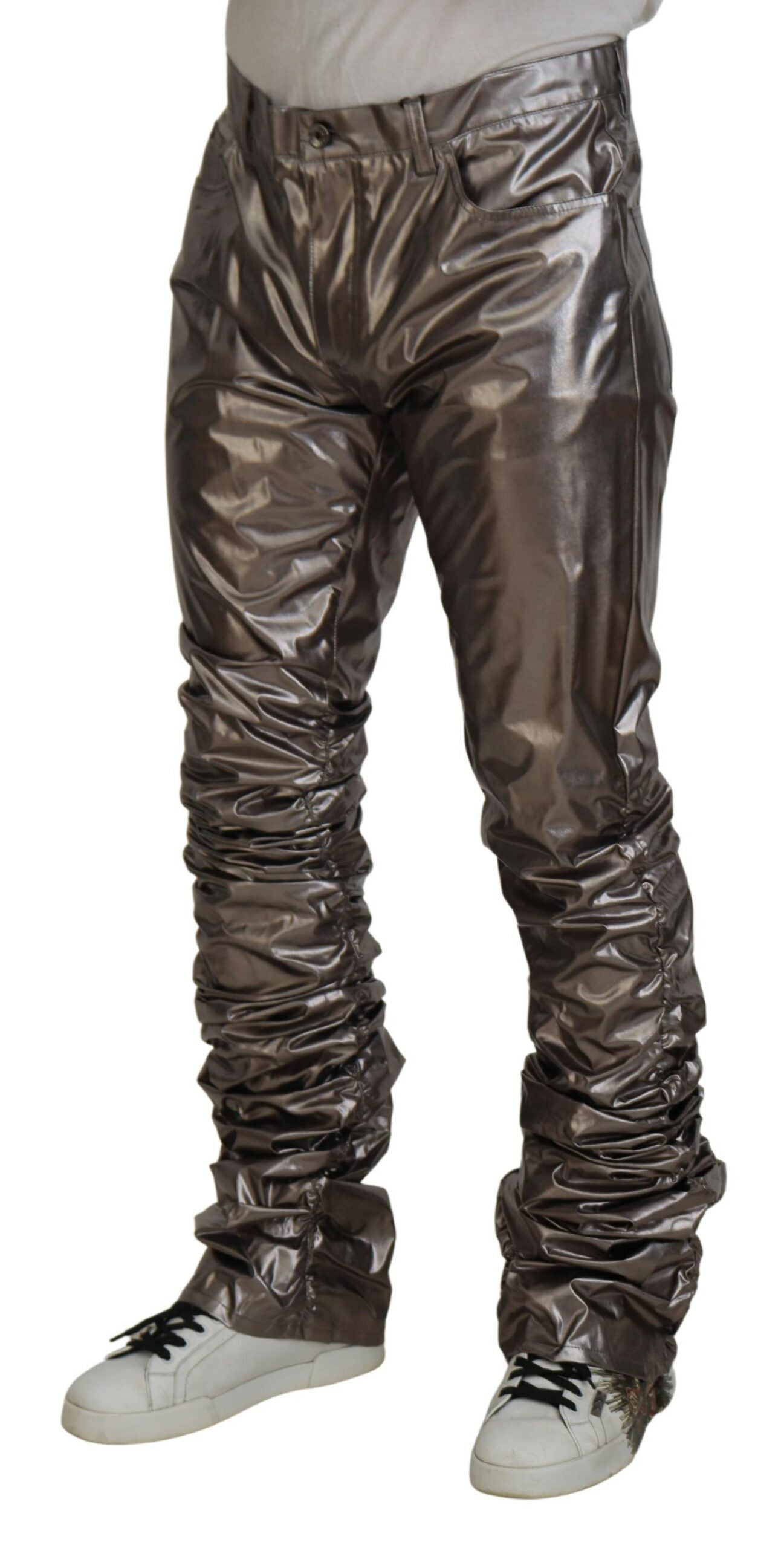 Silver metallic nylon stretch pants by Dolce & Gabbana, featuring a sleek, fitted design with a metallic sheen.