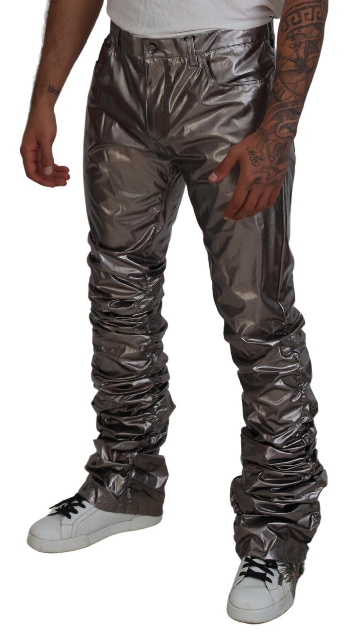 Silver metallic nylon stretch pants by Dolce & Gabbana, showcasing sleek, fitted design with shiny metallic finish.