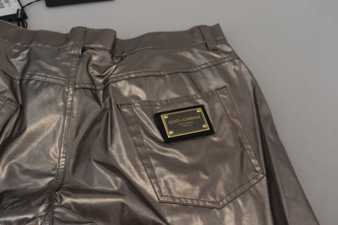 Silver metallic nylon stretch pants by Dolce & Gabbana, showcasing a sleek, fitted design with a metallic sheen.