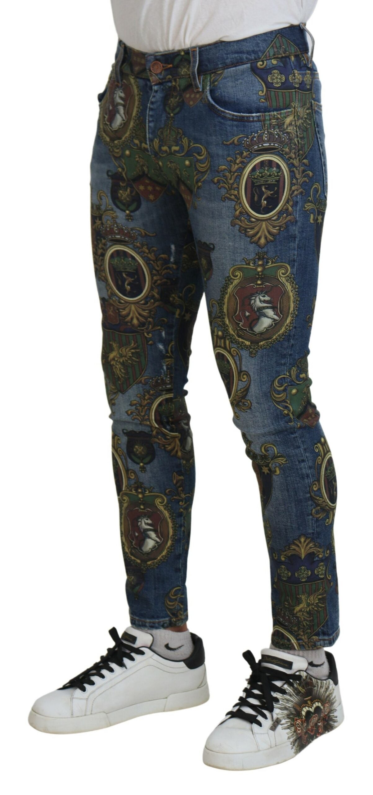 Blue Medal Print Dolce & Gabbana slim fit cotton jeans with a stylish design, shown on a model.