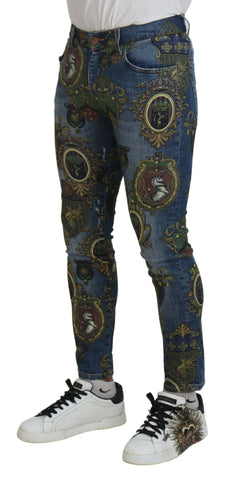Blue Medal Print Dolce & Gabbana slim fit cotton jeans with a stylish design, shown on a model.