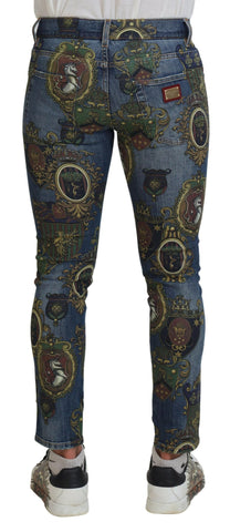 Blue Medal Print Slim Fit Cotton Jeans by Dolce & Gabbana, showing the detailed medal print design and classic five-pocket style.