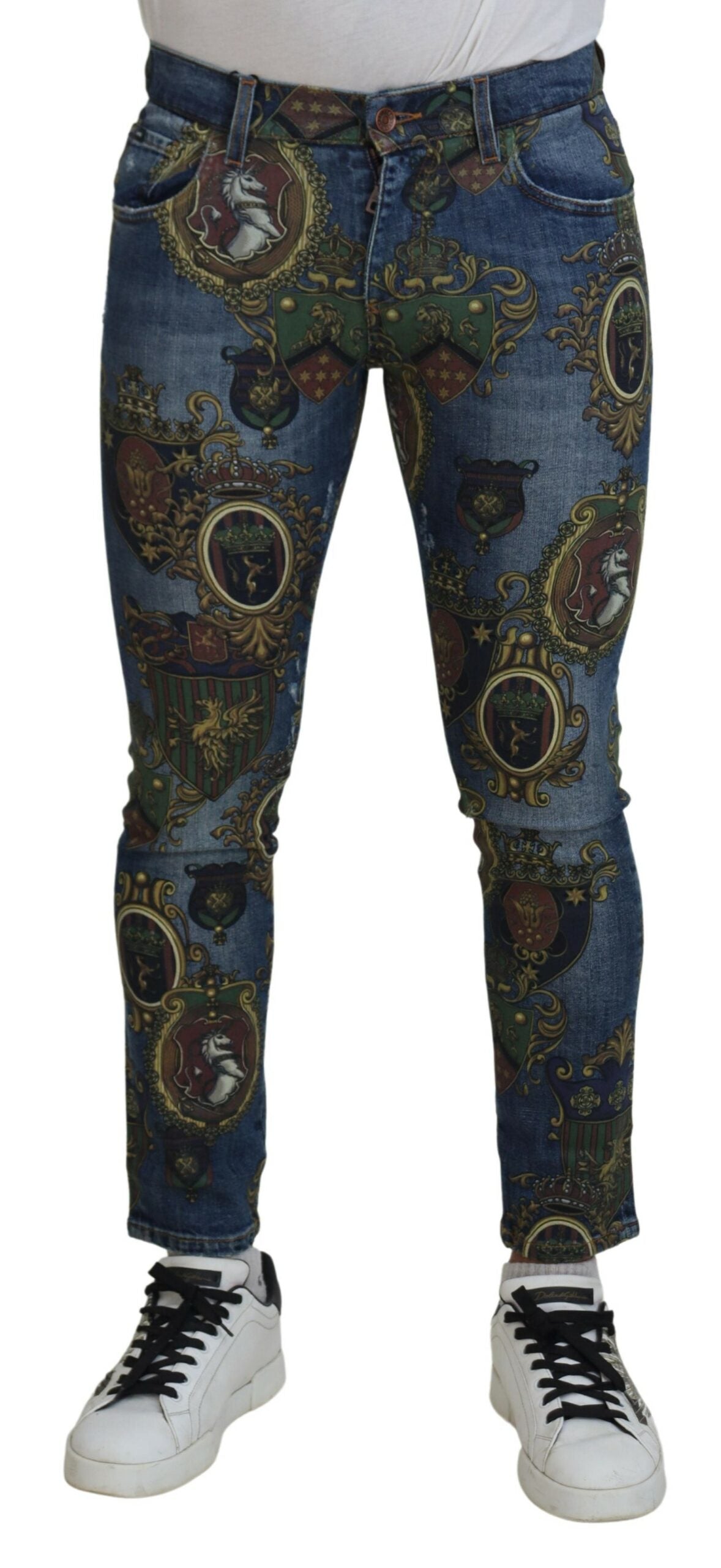 Blue Medal Print slim fit cotton jeans by Dolce & Gabbana, showcasing detailed medal print design and classic denim style.
