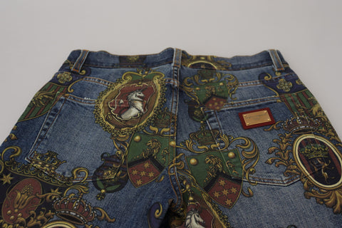 Blue Medal Print Slim Fit Cotton Jeans by Dolce & Gabbana, shown on a model with front and back details.