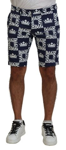 Blue cotton chinos shorts with Dolce & Gabbana logo print, casual men's summerwear, front view showing fit and design details.