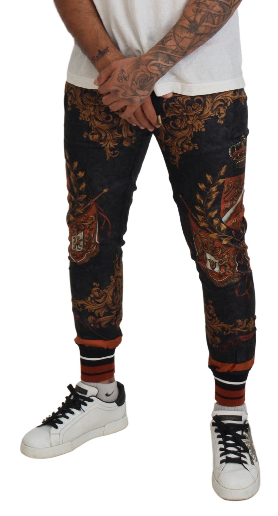 Gray silk Baroque crown sport trousers by Dolce & Gabbana, featuring a relaxed fit and elegant design.