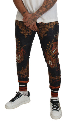 Gray silk Baroque crown sport trousers by Dolce & Gabbana, featuring a relaxed fit and elegant design.