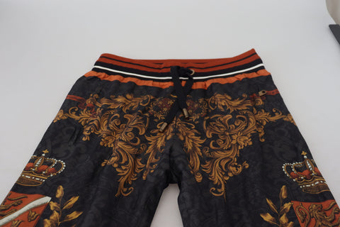 Gray silk Baroque crown trousers by Dolce & Gabbana featuring a luxurious, stylish sport pant design with intricate pattern details.