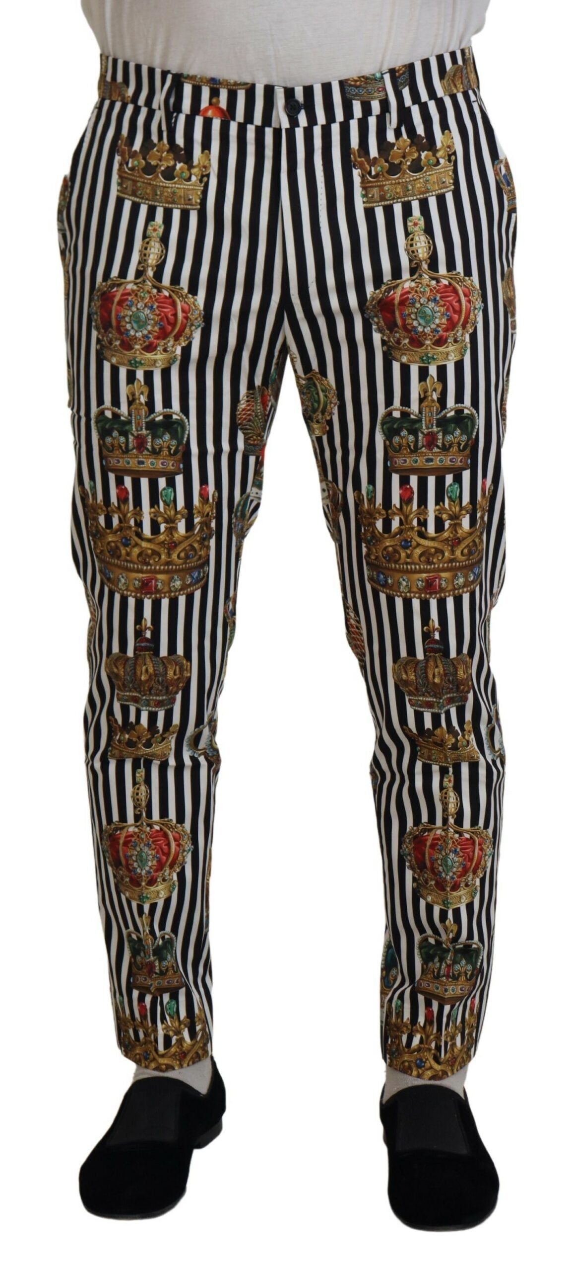 White cotton stretch crown trouser pants by Dolce & Gabbana, shown flat with a focus on the tailored fit and fabric texture.