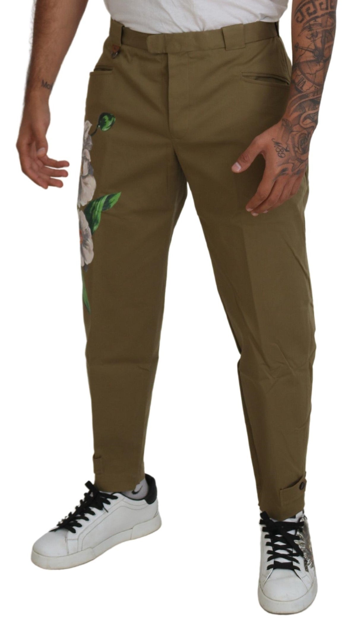 Beige cotton stretch floral chinos pants by Dolce & Gabbana, featuring a stylish fit and floral pattern, shown on a model.