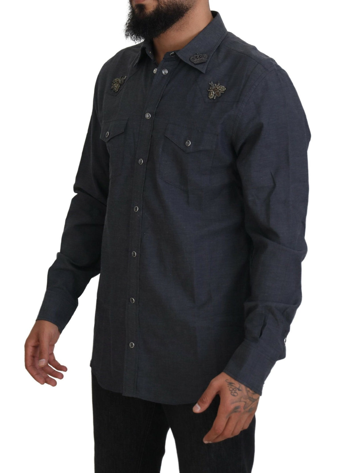 Blue cotton denim Crystal Bee shirt by Dolce & Gabbana, featuring detailed bee embroidery and classic button-down design.