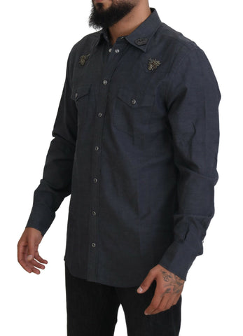 Blue cotton denim Crystal Bee shirt by Dolce & Gabbana, featuring detailed bee embroidery and classic button-down design.