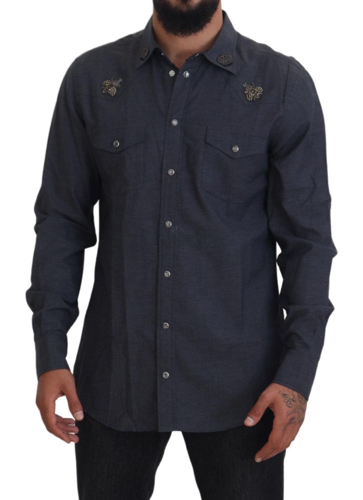 Blue cotton denim shirt with crystal bee embroidery by Dolce & Gabbana, featuring a casual fit and detailed bee design.