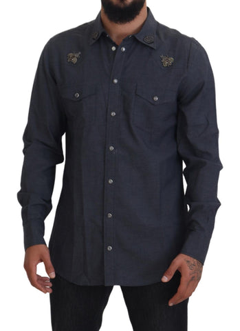 Blue cotton denim shirt with crystal bee embroidery by Dolce & Gabbana, featuring a casual fit and detailed bee design.