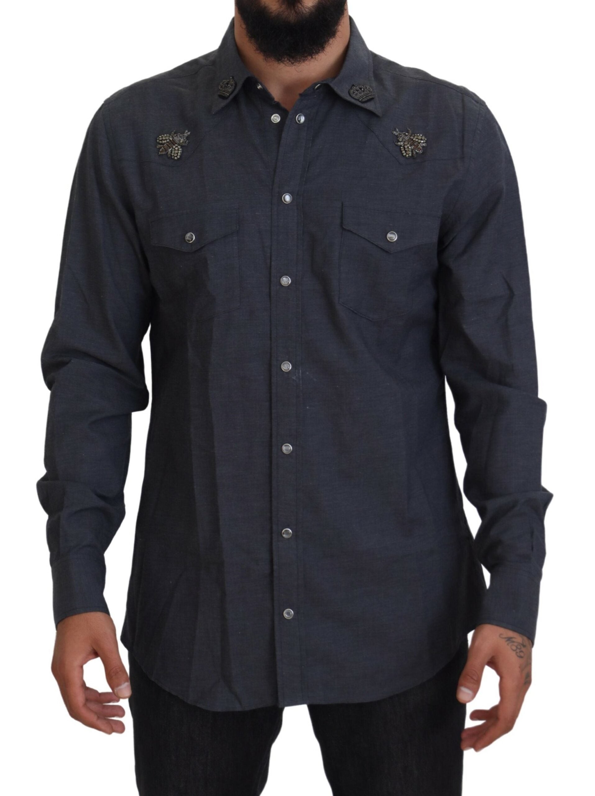 Blue cotton denim shirt by Dolce & Gabbana with crystal bee embroidery, featuring a classic button-up design.