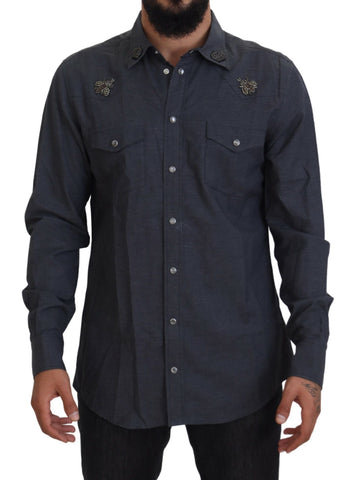 Blue cotton denim shirt by Dolce & Gabbana with crystal bee embroidery, featuring a classic button-up design.