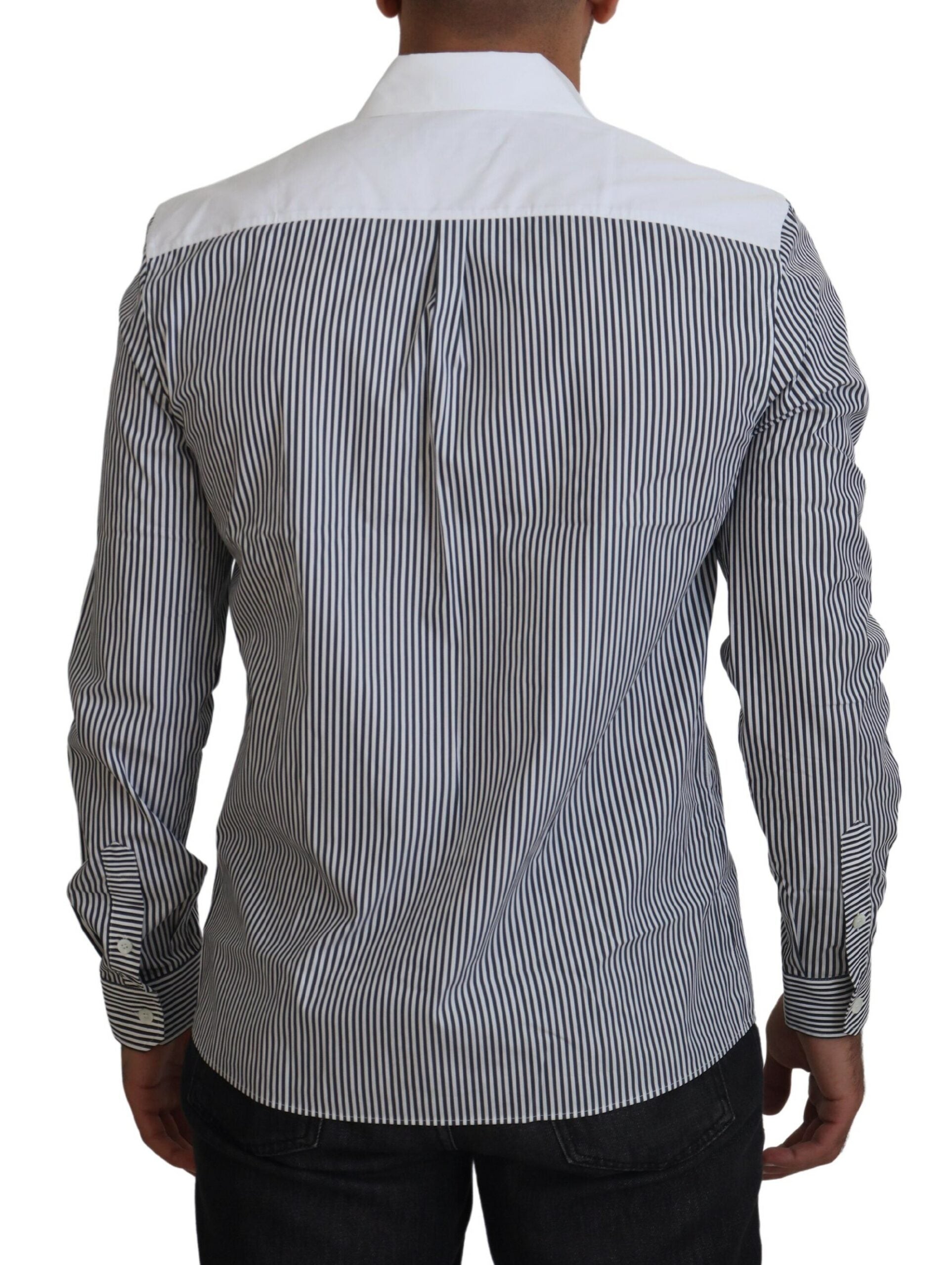 Gray and white striped slim fit shirt by Dolce & Gabbana, shown hanging on a wooden hanger.