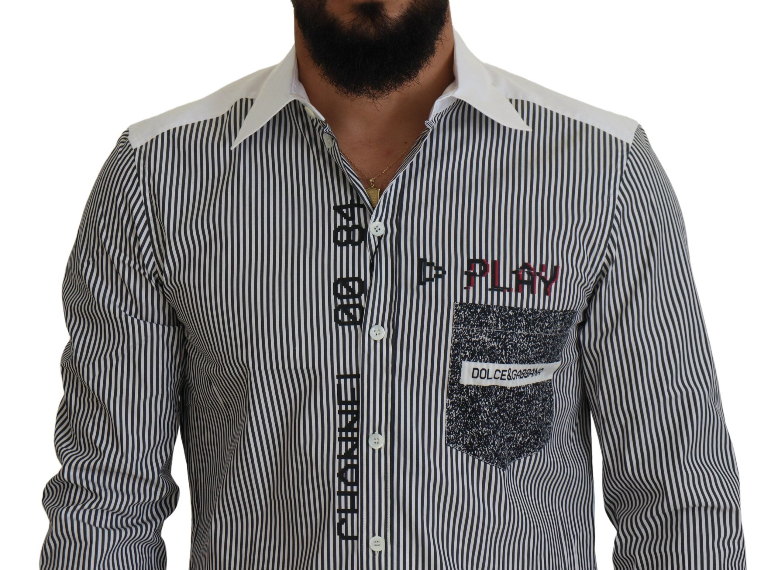 Gray and white striped slim fit shirt by Dolce & Gabbana, shown flat with collar and button details.