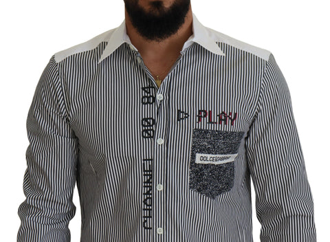 Gray and white striped slim fit shirt by Dolce & Gabbana, shown flat with collar and button details.