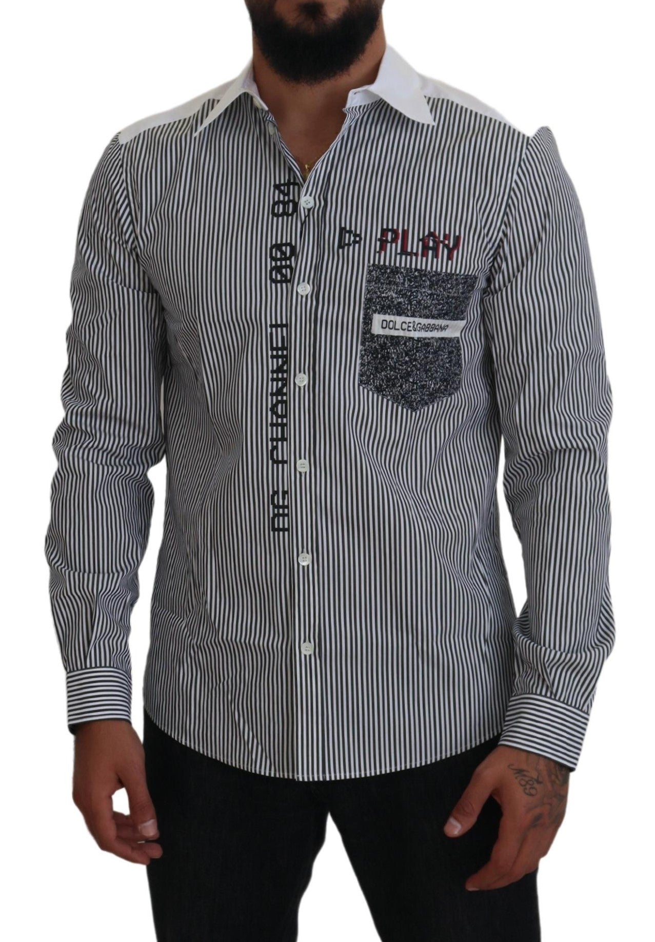 Gray and white striped slim fit shirt by Dolce & Gabbana, shown flat with collar and button details.