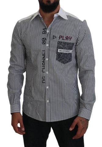 Gray and white striped slim fit shirt by Dolce & Gabbana, shown flat with collar and button details.