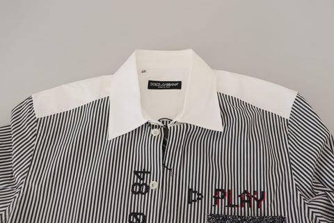 Gray and white striped slim fit shirt by Dolce & Gabbana, shown flat with collar and long sleeves.